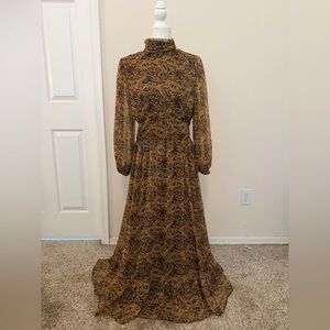 Ivy City Co Paisley Maxi Dress in Brown and Gold